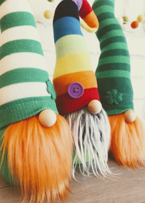 three gnomes in St. Patrick's day colors.