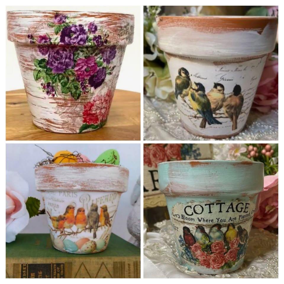 Four decoupaged planters