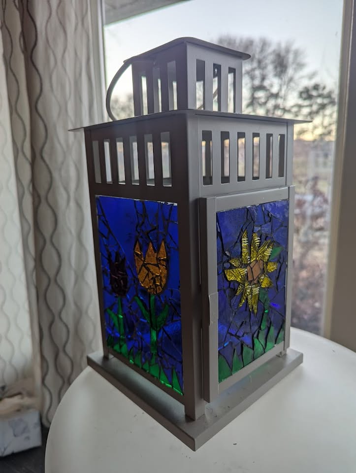 a lantern with glass mosaics.