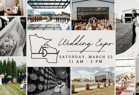 A flier for the Wedding Expo featuring images of weddings at the 45th parallel distillery