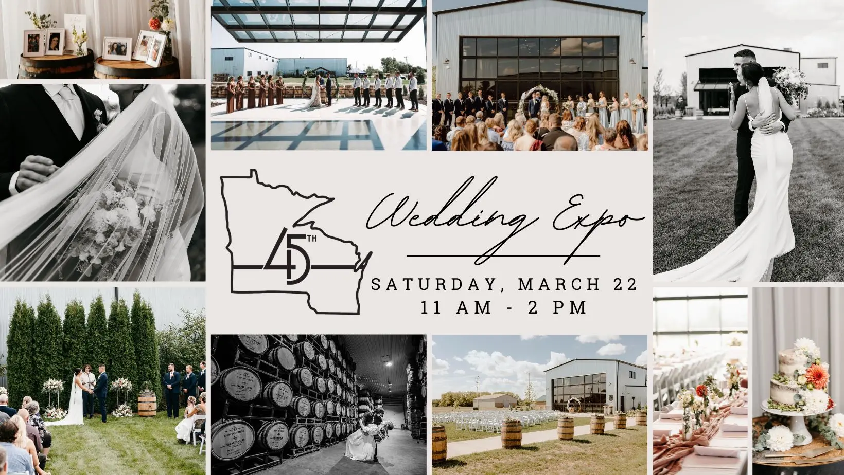 A flier for the Wedding Expo featuring images of weddings at the 45th parallel distillery