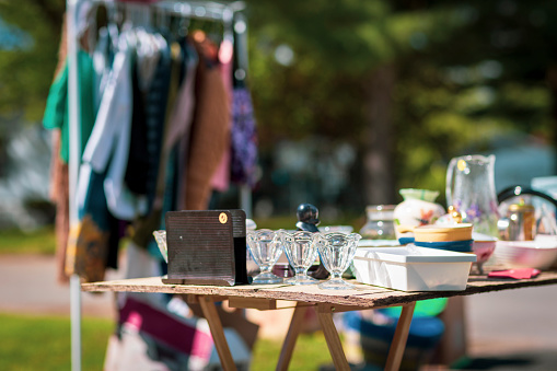 a table of items at a garage sale