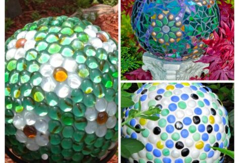 three brightly colored mosaic garden gazing balls
