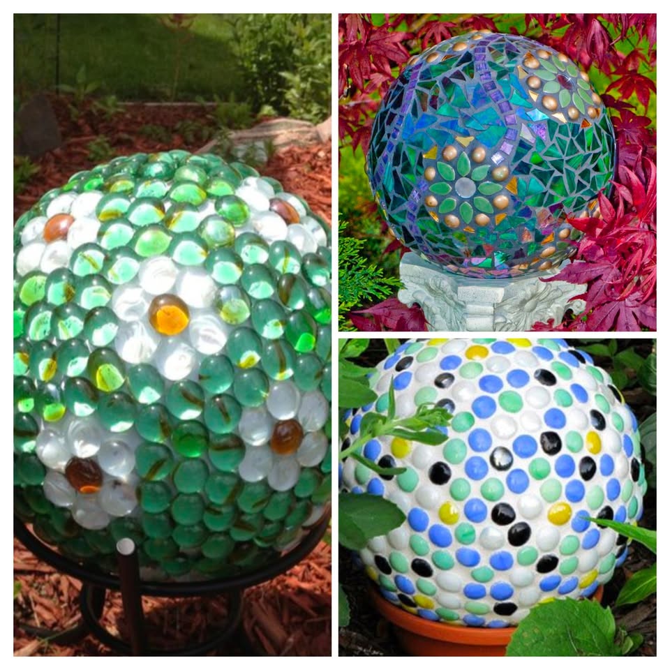 three brightly colored mosaic garden gazing balls
