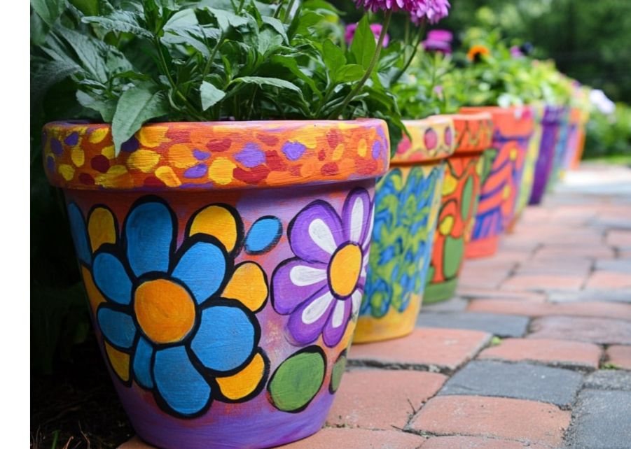 Brightly painted terra cotta planters
