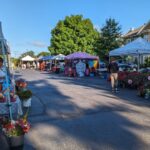 Shoppers peruse booths at the outdoor farmers market