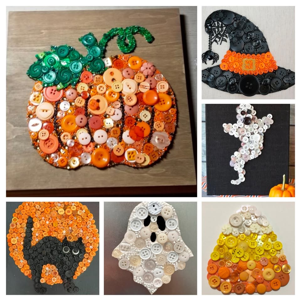 Multiple halloween themed mosaics made with buttons