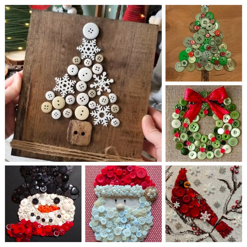 a selection of christmas themed mosaics made with buttons