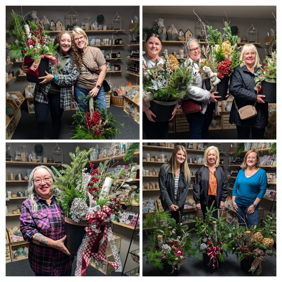 women smiling and holding their holiday porch decorations