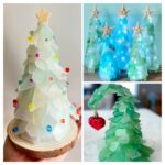 Three brightly colored chrsitmas trees made of glass