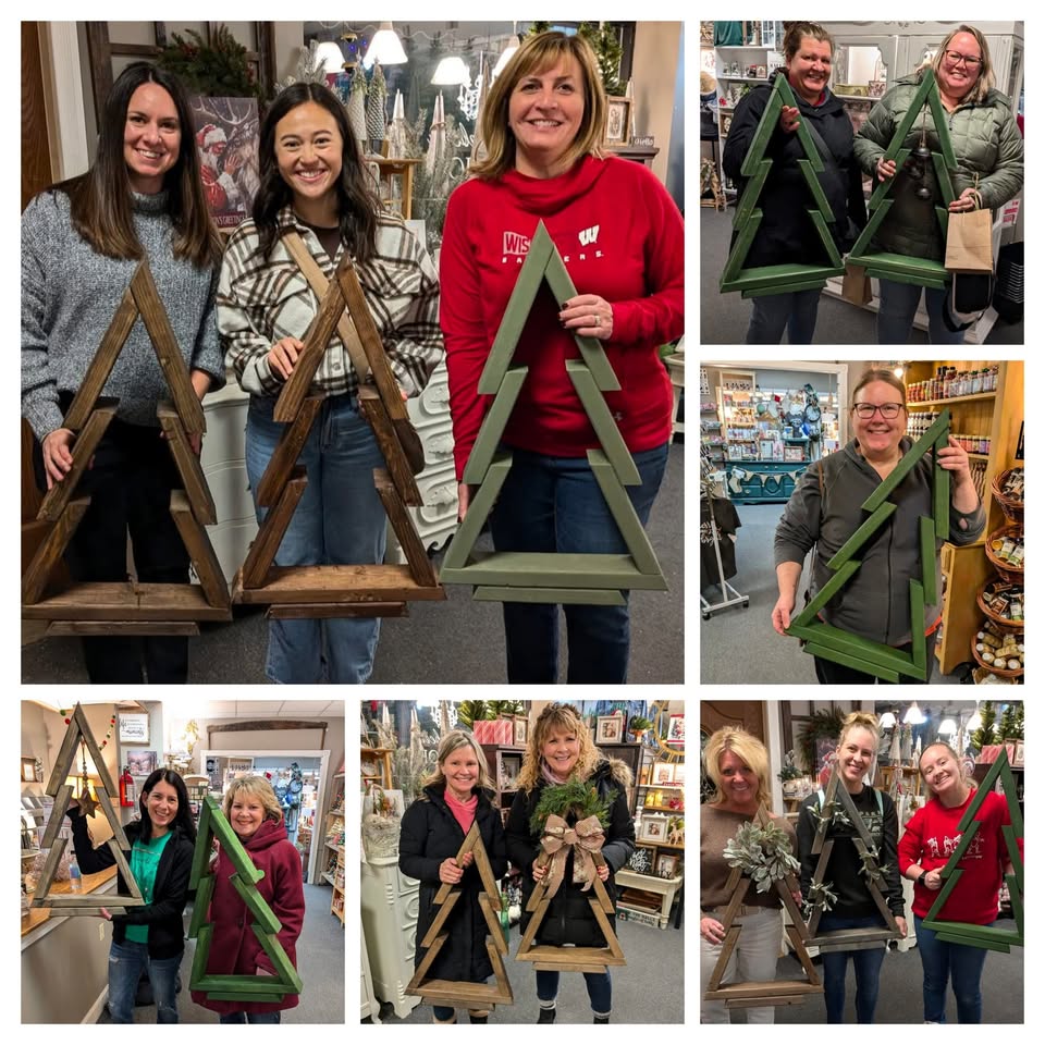Multiple photos of women holding their wooden tree creations
