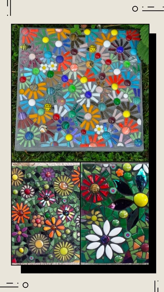 A picture of Mosaic Stepping Stones with flowers of different colors on them.