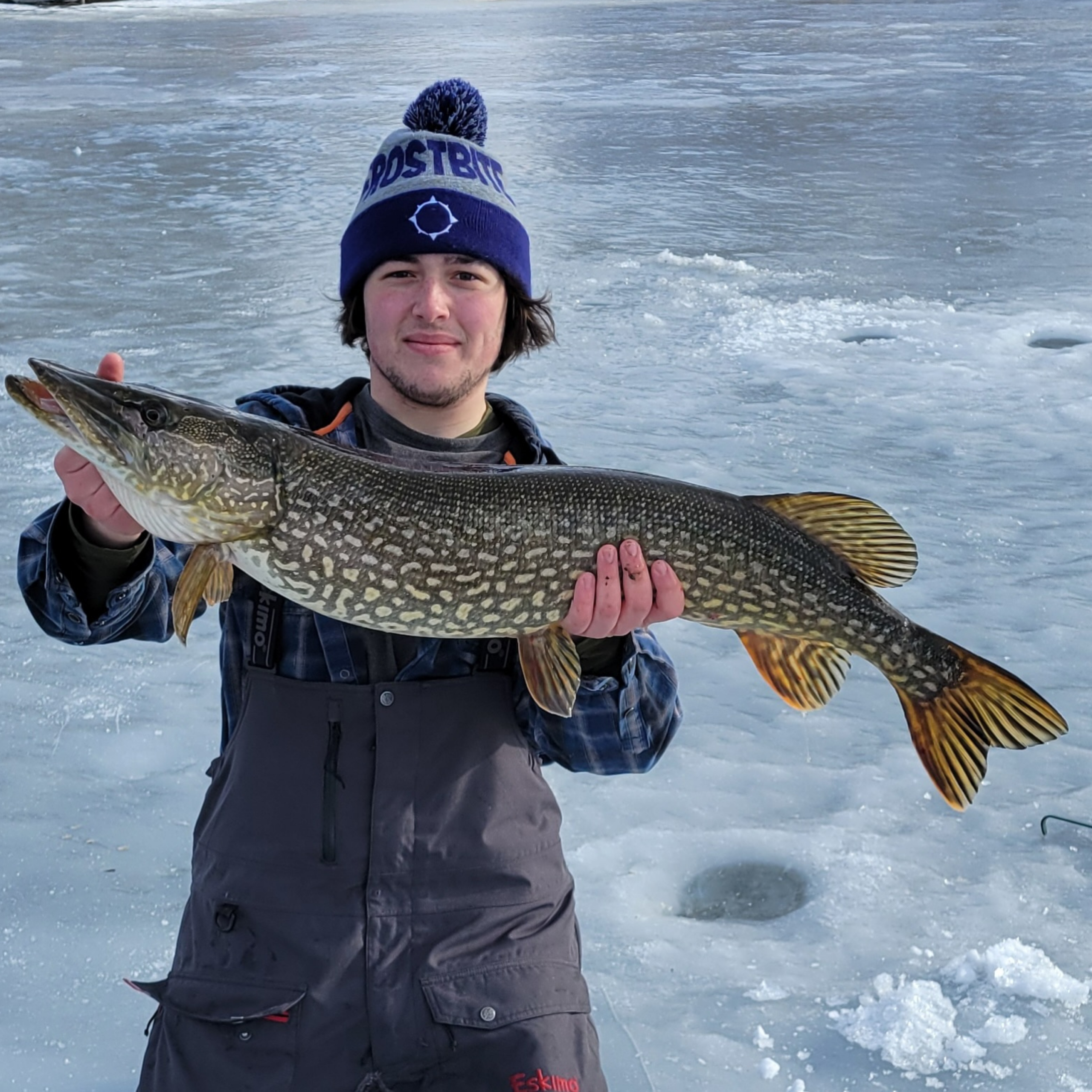 A person standing on a frozen lake holding a large northern pike they just caught ice fishing. Snowy ice, winter gear, and fishing holes are visible.<br />
