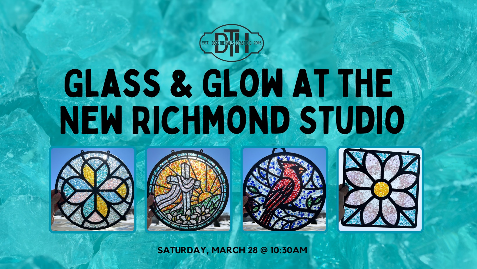 A picture of different types of stained glass and crushed glass ranging in different colors.