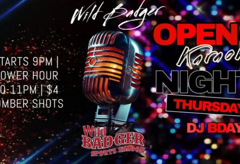 A poster with the event information on it that also include a microphone.