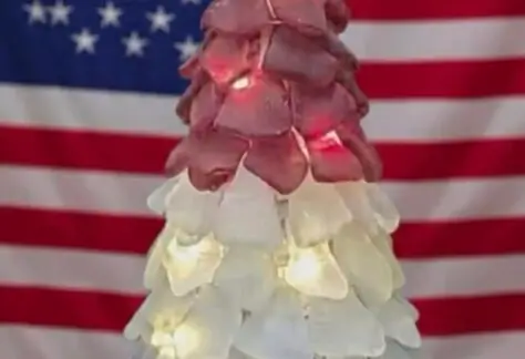 A red white and blue sea glass tree