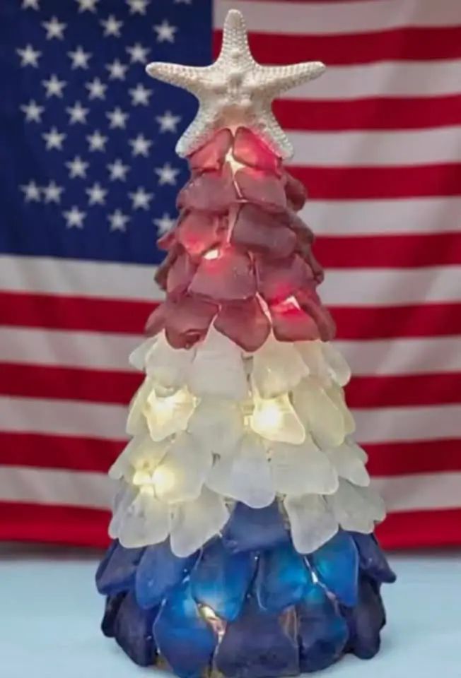A red white and blue sea glass tree