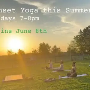 A group does yoga at the farm.