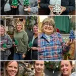 A collage of photos of women showing their finished christmas trees