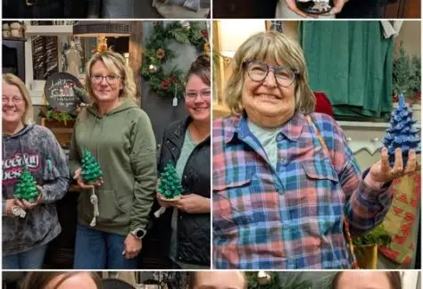 A collage of photos of women showing their finished christmas trees