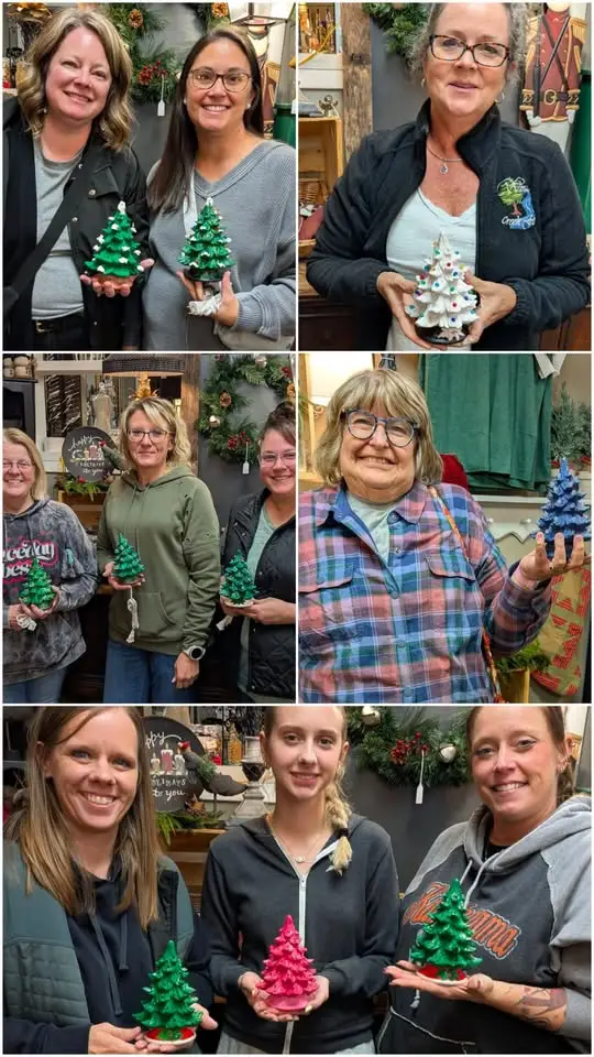 A collage of photos of women showing their finished christmas trees